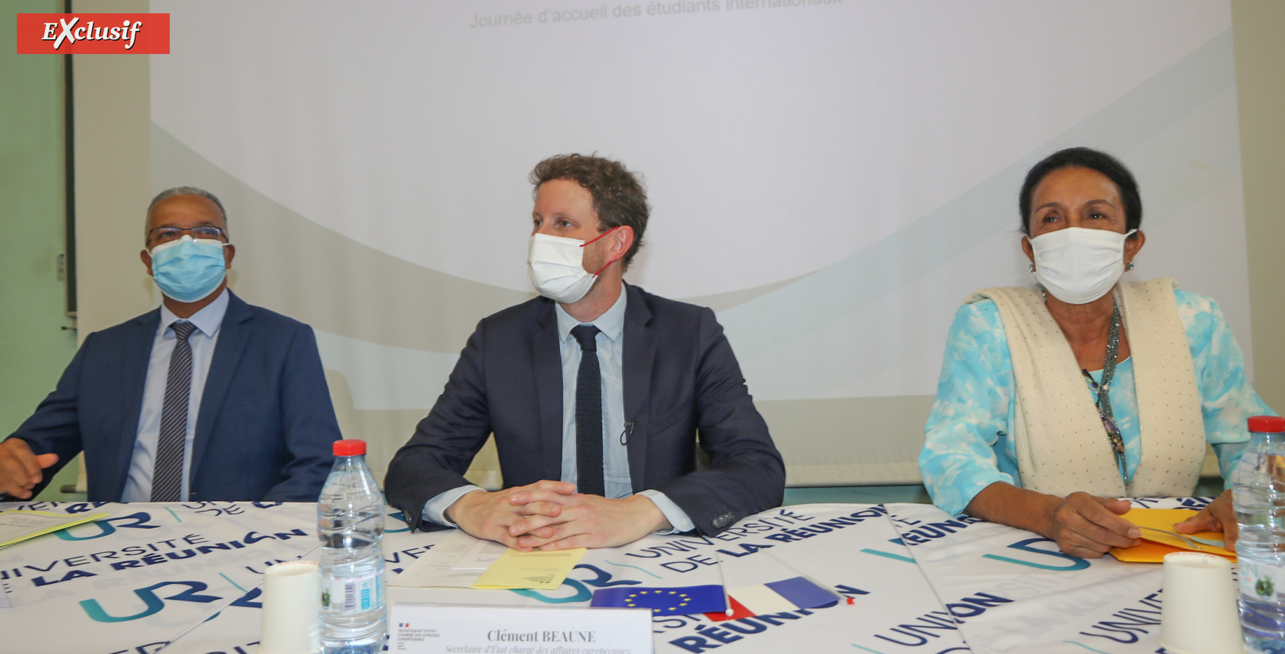 Cyrille Melchior, président du Département, Clément Beaune, et Huguette Bello, présidente de la Région