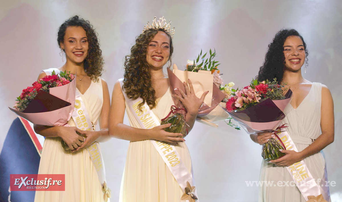 Cécile Guichard, 2ème dauphine,  Myriam Leichnig, Miss Saint-Philippe 2023, et Pauline Posé, 1ère dauphine Cécile Guichard, 2ème dauphine,  Myriam Leichnig, Miss Saint-Philippe 2023, et Pauline Posé, 1ère dauphine