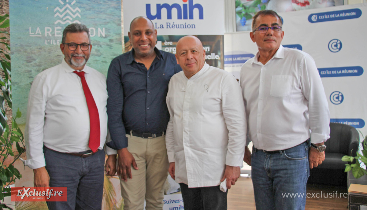 Patrick Lebreton, vice-président de la Région et président de l'IRT, Pierrick Robert, président de la CCIR, Thierry Marx, président de l'UMIH France, et Patrick Serveaux, président de l'UMIH Réunion