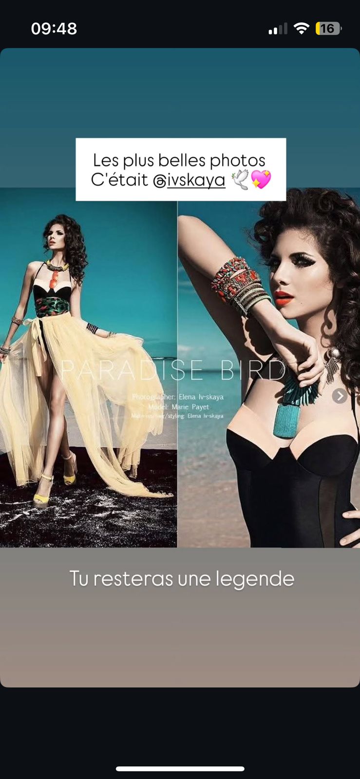 Marie Payet, Miss Réunion 2011, désormais artiste, photographiée par Elena lui a rendu hommage sur ses réseaux