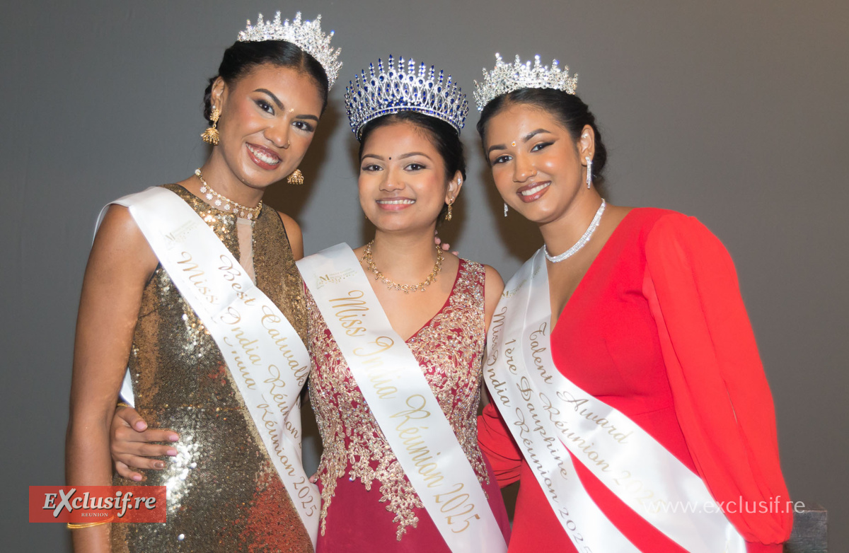 Kélya Victorine, 2ème dauphine, Eulalie Virama, Miss India Réunion 2025, et Safiyah Ojeerally, 1ère dauphine