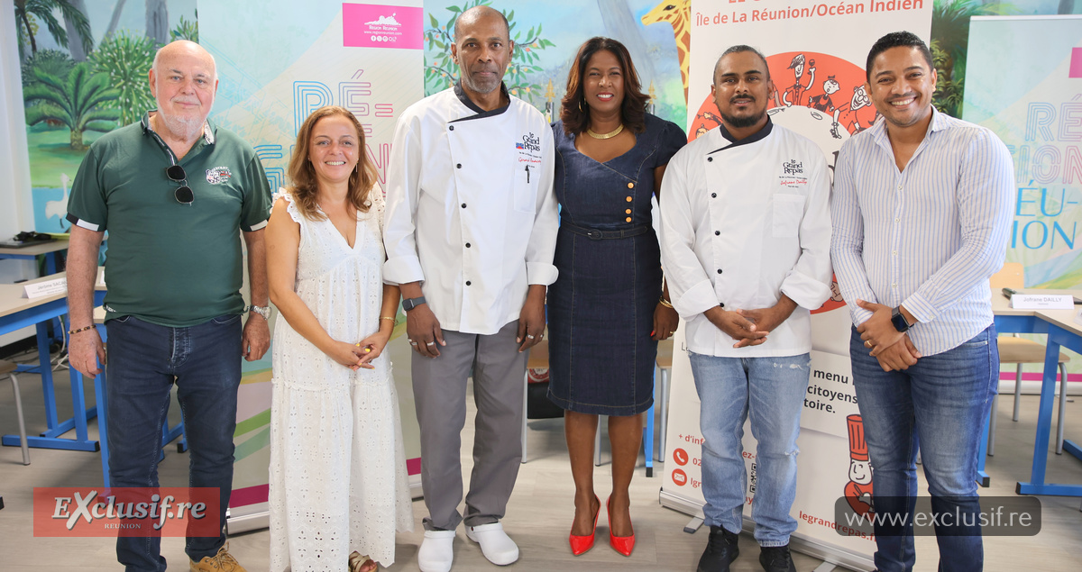 Frédéric Foucque, président de l'OTI-Nord, Danielle Catherine, secrétaire générale Lycée Marguerite Jauzelon, le chef Gérard Anacoya, Céline Sitouze, vice-présidente de la Région Réunion, le chef Jofrane Dailly, et Dimitri Jaurès, chargé de mission OTI-Nord