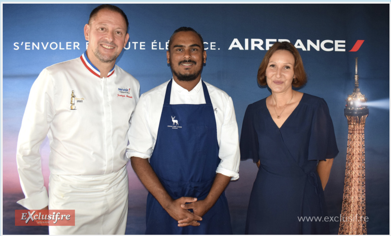 Le chef étoilé François Adamski, Bocuse d'or en 2001, Meilleur Ouvrier de France en 2007, Jofrane Dailly, et Florence Calla, lors de la présentation des plats signature de la compagnie en octobre 2024 au Diana Déa Lodge