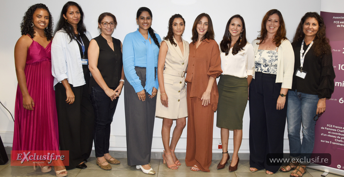 Istichane Gillet, maîtresse de cérémonie et membre FCE Réunion, deux membres de l'équipe CCIR, Elisabeth Boyer, Cynthia Contini, Karine Lebon, députée, Sandra Ducher, et Maryse Doki-Thonon, directrice Maison de l'Export (Région Réunion)