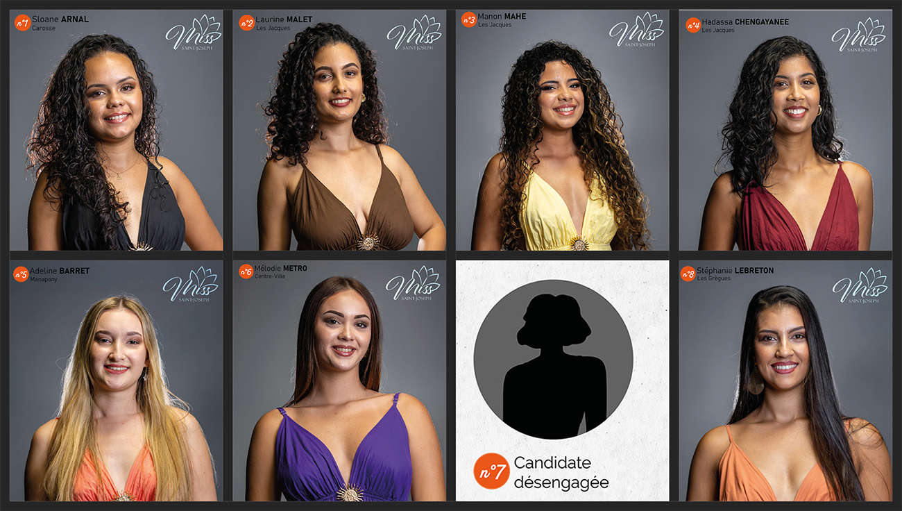 Les 7 candidates Miss Saint-Joseph 2025. La 7ème candidate porte le numéro 8.