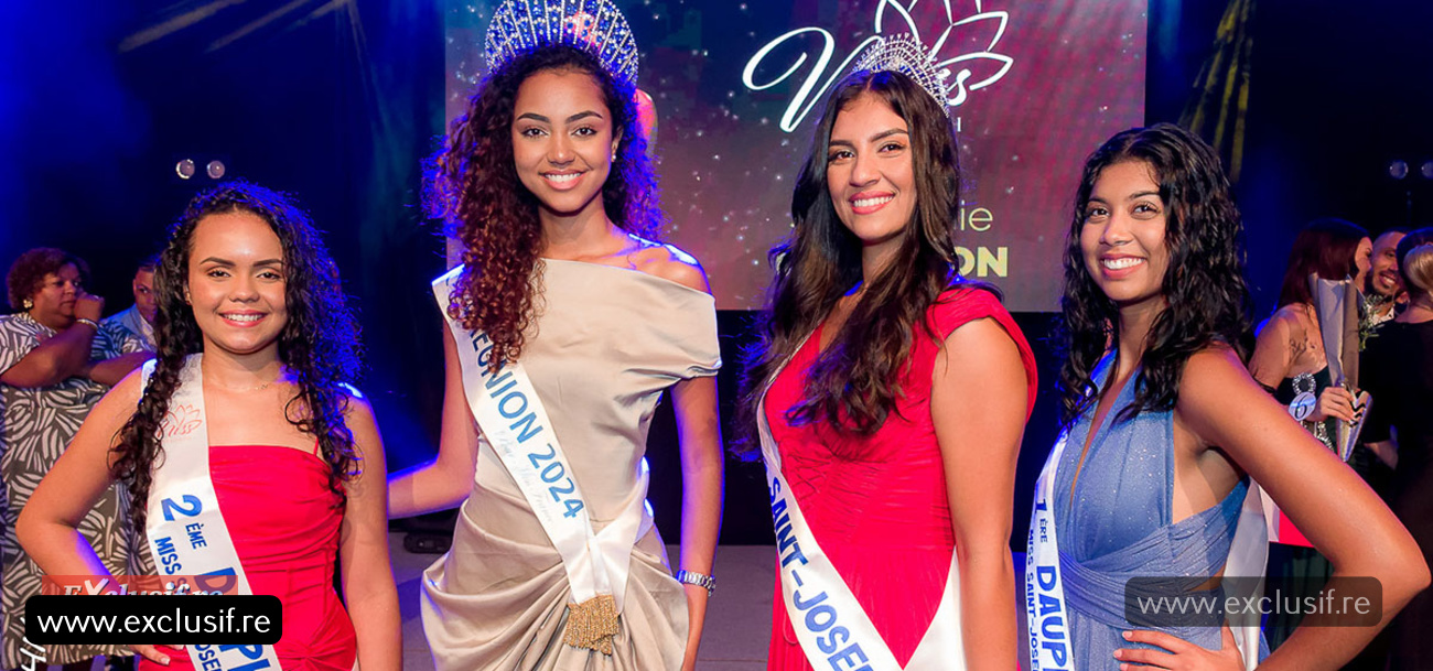 Sloane Arnal, 2ème dauphine, Marine Futol, Miss Réunion 2024, Stéphanie Lebreton, Miss Saint-Joseph 2025, et Hadassa Chengayanee, 1ère dauphine