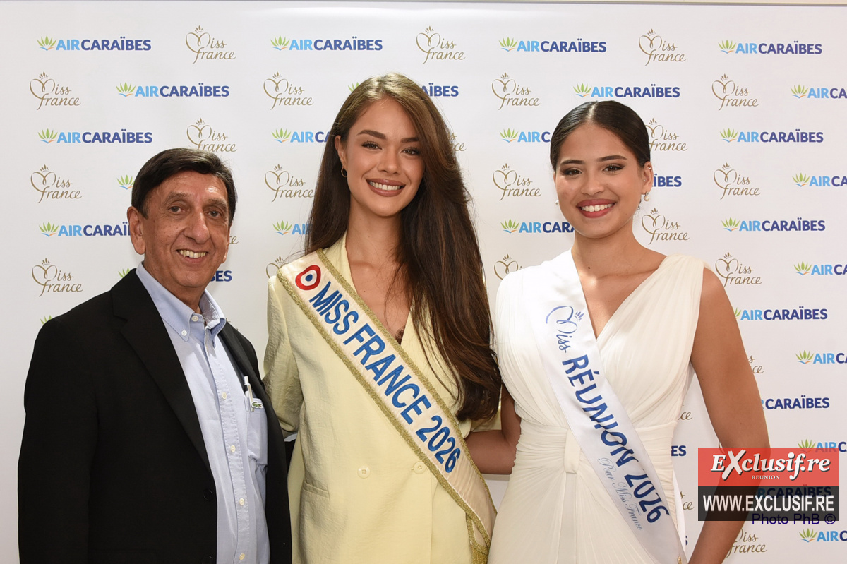 Aziz Patel, délégué Miss France à La Réunion, Hibaupoko Devèze, et Laetitia Roguet
