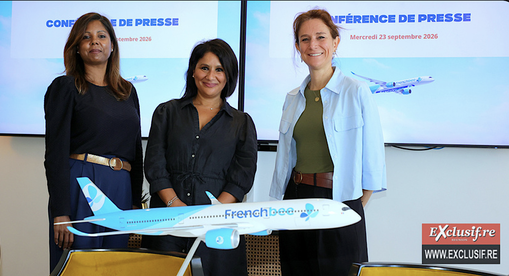Indra Canaguy, chargée de ventes directes Réunion, Zemourda Aissaoui, directrice commerciale de French bee, et Karine Bonnal, responsable commerciale Réunion