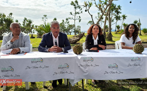 Johnny Payet, maire de la Plaine des Palmistes, Dominique Ponambalom, vice-président à la CIREST, Lina Roger, adjointe à la mairie de Bras-Panon, et Sarah Dobi, intervenante pour Sport Pro, à la table de conférence