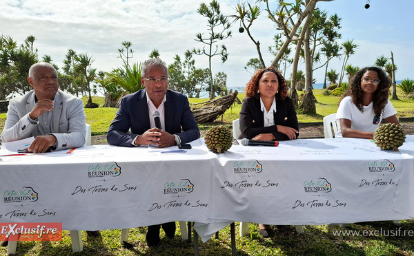 Johnny Payet, maire de la Plaine des Palmistes, Dominique Ponambalom, vice-président à la CIREST, Lina Roger, adjointe à la mairie de Bras-Panon, et Sarah Dobi, intervenante pour Sport Pro, à la table de conférence